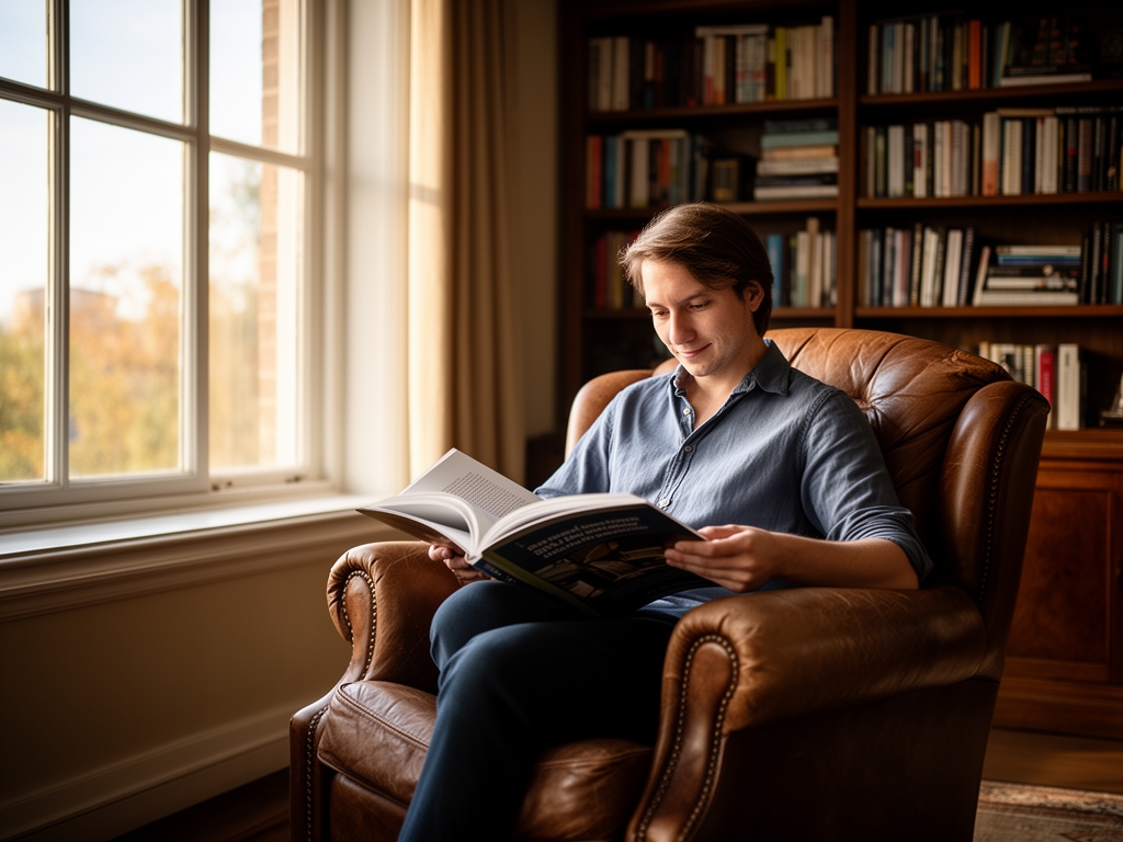 Persona leyendo un libro de gran formato en sillón de cuero marrón junto a ventana amplia con luz natural de tarde, estantería de libros al fondo en habitación de estudio