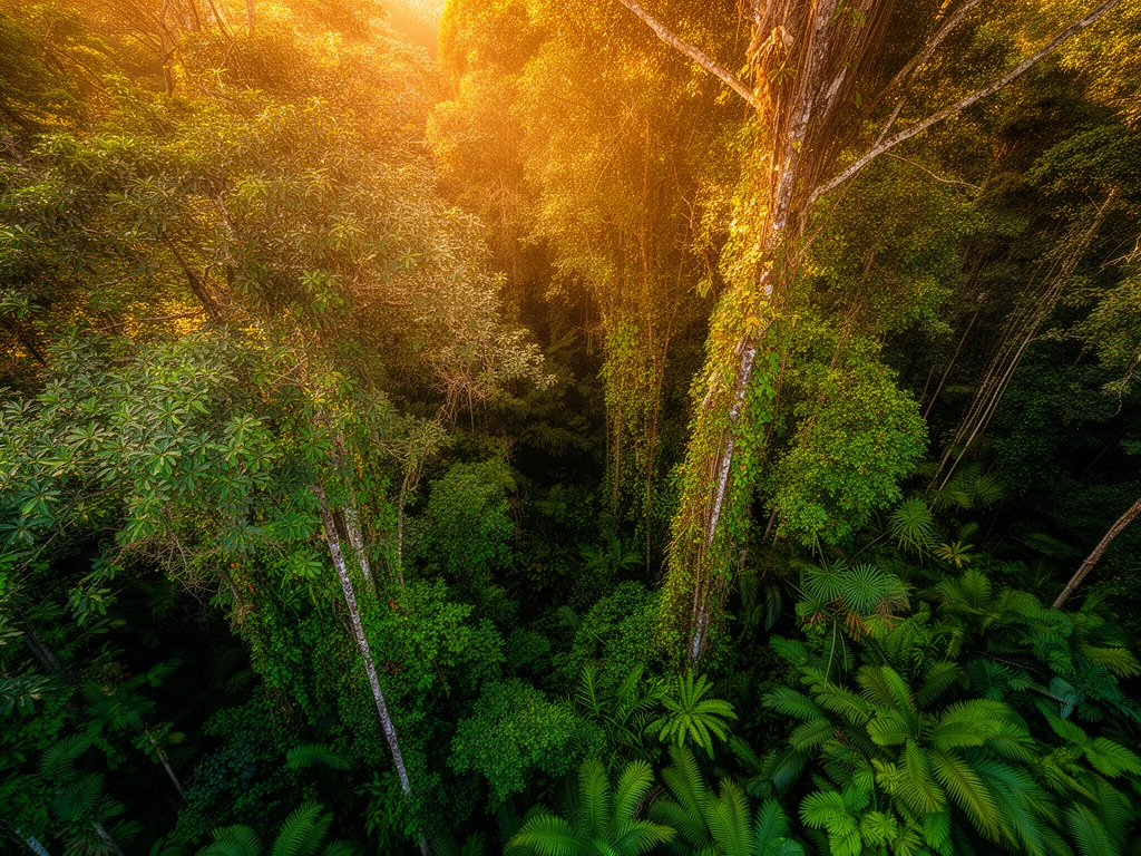 Vista aérea de densa vegetación tropical verde con luz solar dorada penetrando entre el follaje desde arriba creando patrones de luz y sombra