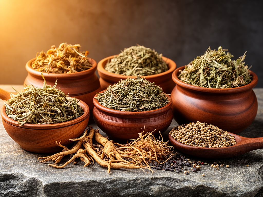 Colección de hierbas aromáticas secas, raíces y semillas en recipientes de madera y cerámica artesanal sobre superficie de piedra natural con luz cálida lateral