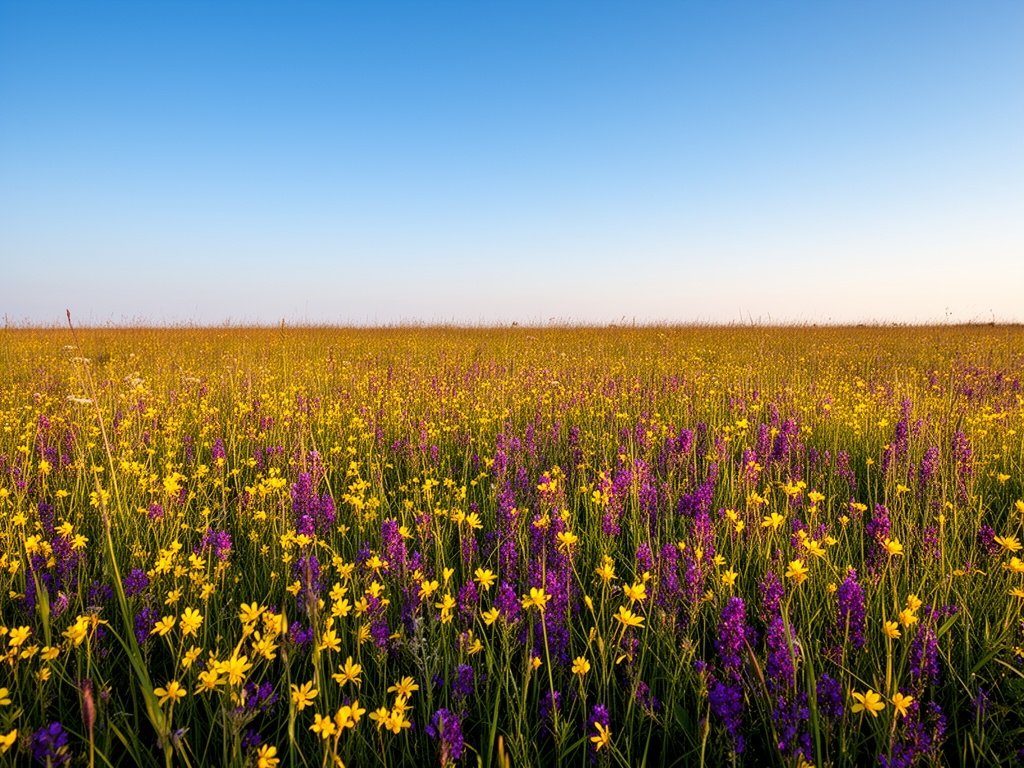 Paisaje natural de pradera con flores silvestres coloridas amarillas y moradas bajo cielo azul despejado con luz suave de tarde