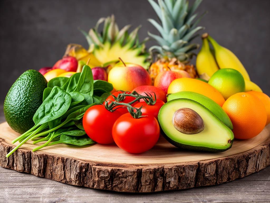 Variedad de frutas y verduras frescas coloridas sobre tabla de madera rústica incluyendo aguacate, tomates, espinacas y frutas tropicales
