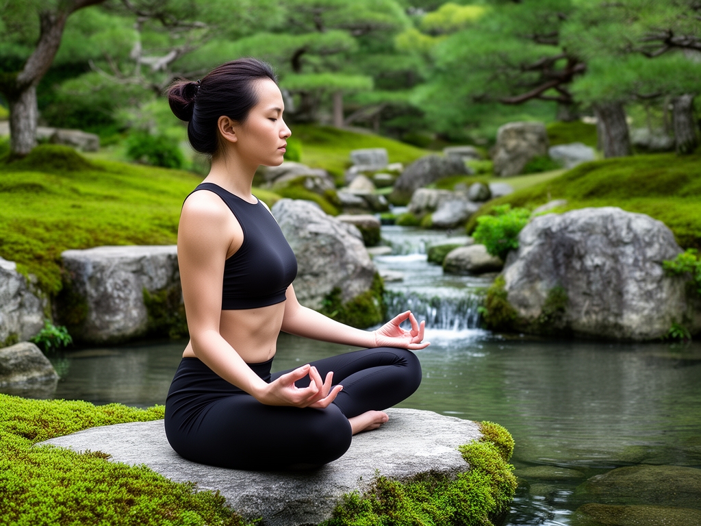 Persona sentada en postura de meditación en un jardín japonés tranquilo con piedras, musgo verde y agua fluyendo suavemente