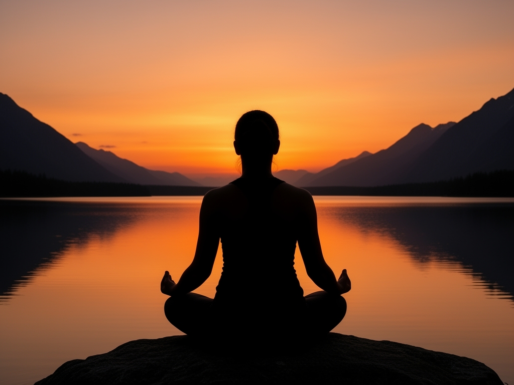 Persona en silueta sentada en meditación al atardecer frente a lago tranquilo con reflejo de cielo anaranjado y montañas al fondo