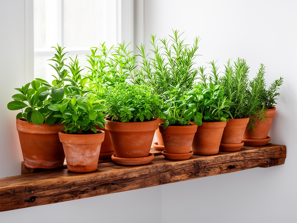 Variedad de plantas medicinales y aromáticas en macetas de barro sobre repisa de madera rústica con luz de ventana natural y fondo de pared blanca