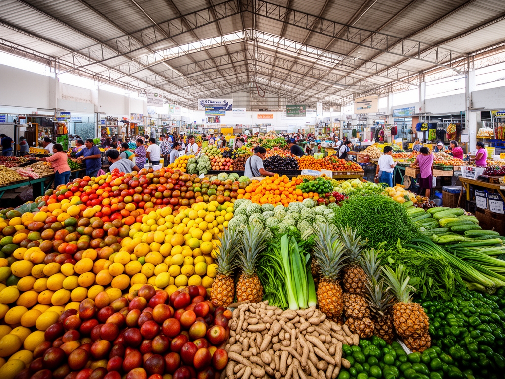 Mercado de alimentos frescos con coloridos puestos de frutas tropicales, verduras y legumbres bajo luz natural de mercado cubierto en México